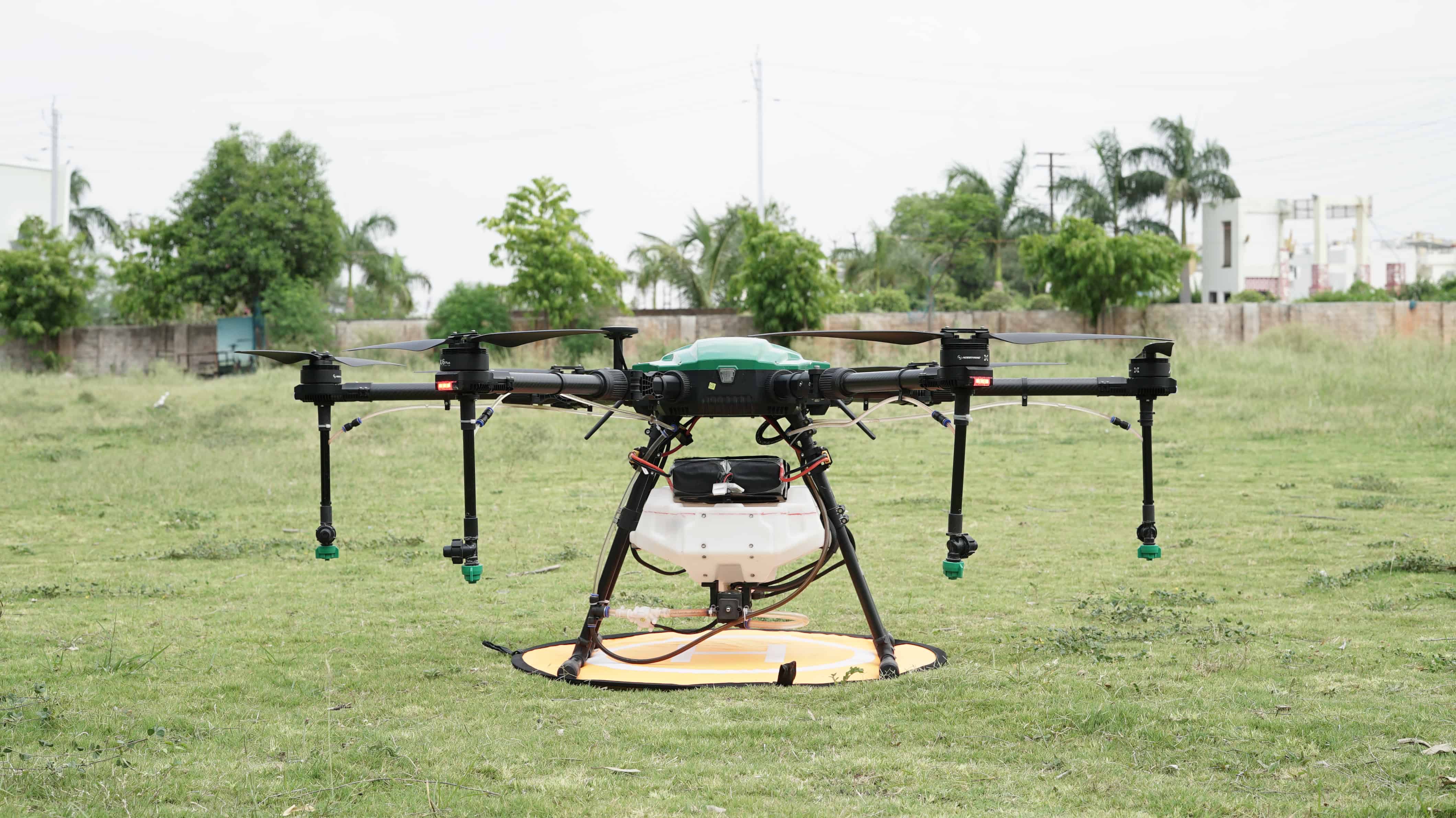 Shakti agricultural drone prepared for a field demonstration